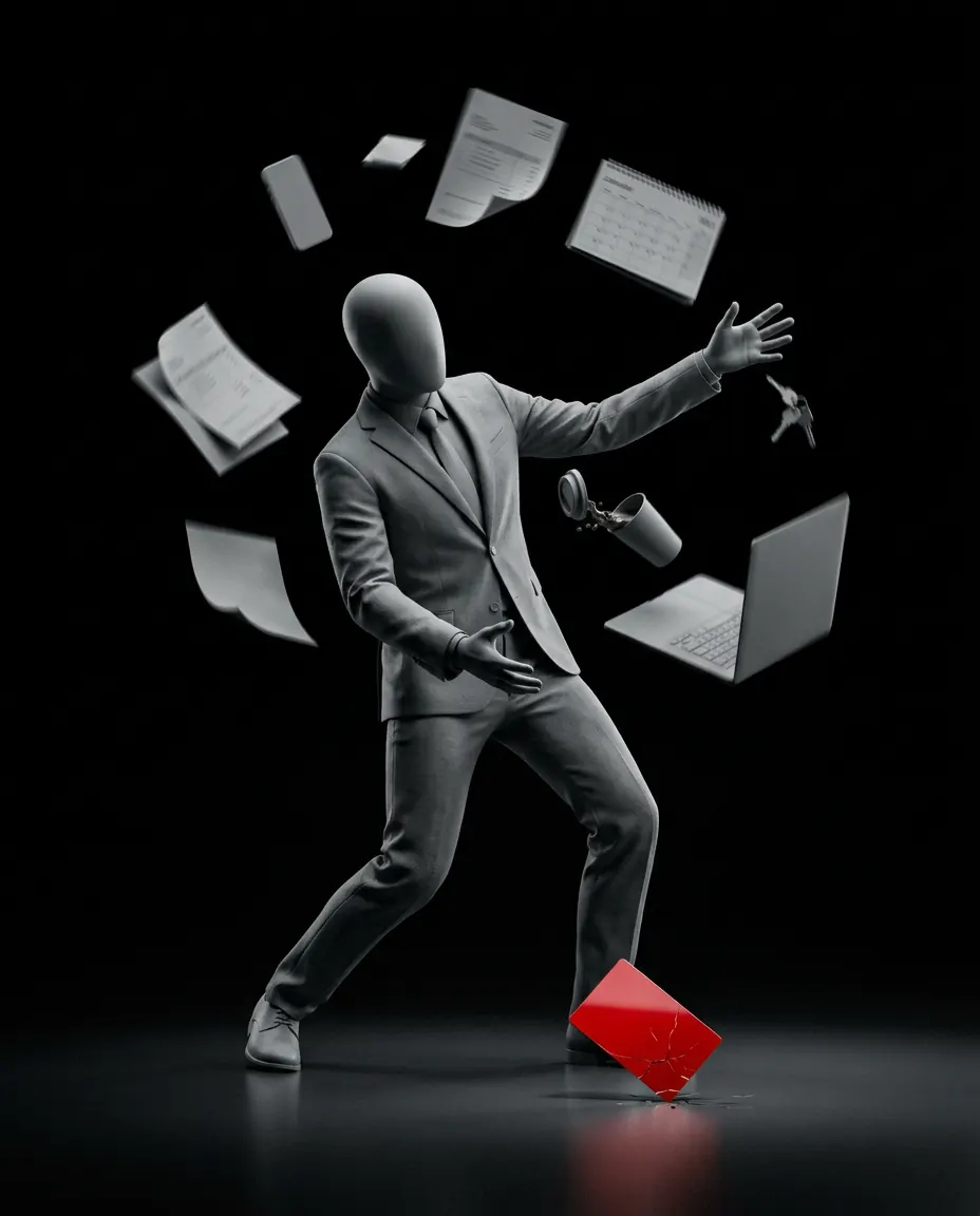 A figure in a suit juggling a laptop, a calendar and papers while a red ad falls to the floor