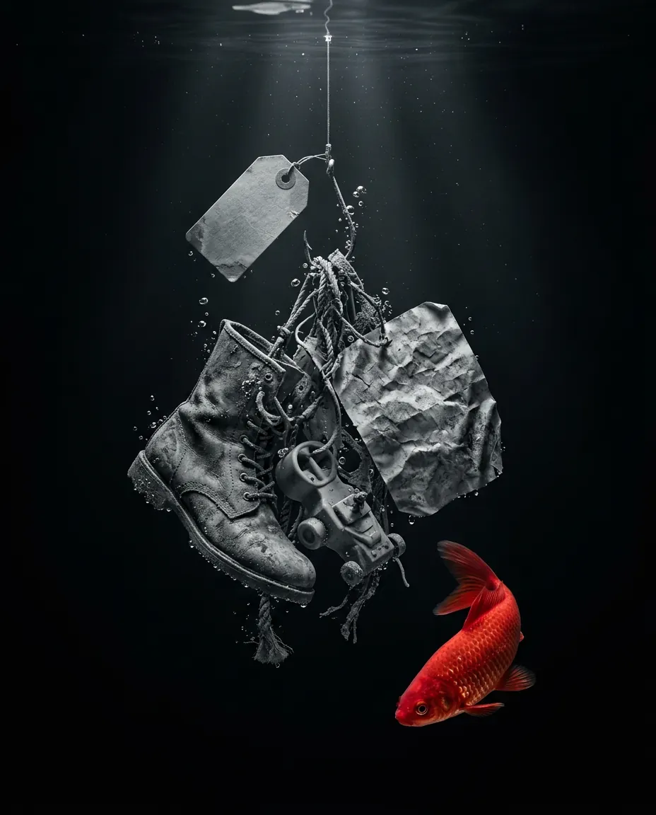 A fishing line pulling up an old boot and junk while a red fish swims by